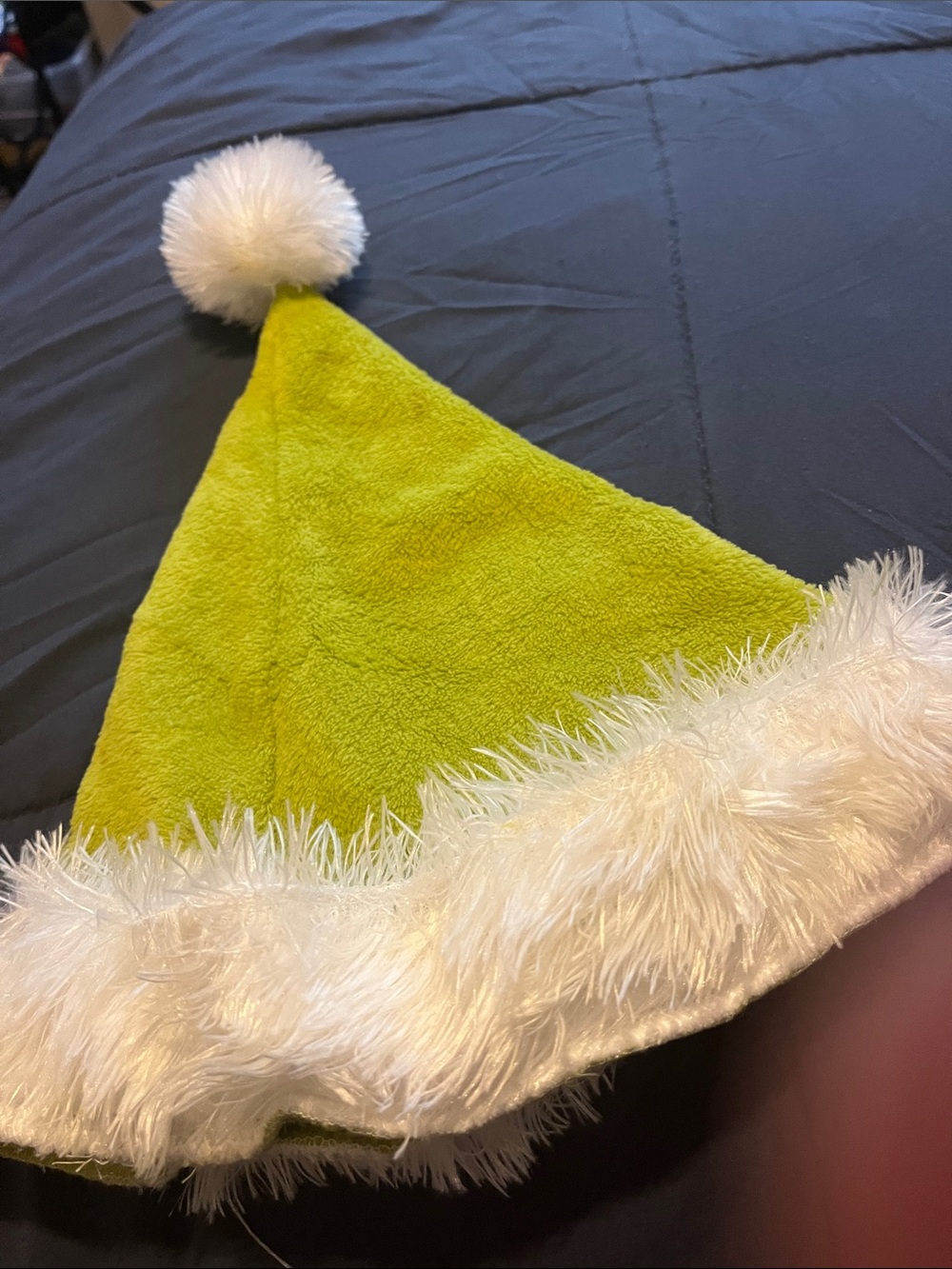 Festive Lime Green Plush Holiday Hat with White Faux Fur Trim